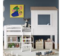 Lettino a mezza altezza, letto con tetto e finestra, recinzione a quattro lati, con piccole scale, spazio libero sotto il letto, pino + MDF + compensato, bianco e naturale, 90 x 200 cm