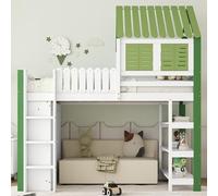 Lettino a soppalco con rete anticaduta, con tetto e finestra, ampio spazio con armadio, scaffale aperto a tre strati, scala a tre livelli, pino+MDF + compensato, bianco e verde, 90 x 200 cm