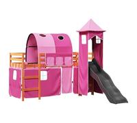 Lettino a soppalco con torre rosa 90 x 190 cm in legno massello di pino - Letto a castello stabile con scivolo per cameretta dei bambini, salvaspazio e durevole