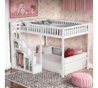 Lettino a soppalco per bambini 90x200 con scala di sicurezza, Letto a Castello per Bambini con spazio portaoggetti e piccolo armadio, letto combina bambini multifunzione con protezione anti-caduta