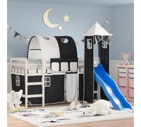 Lettino a soppalco per bambini in legno di pino massiccio con scivolo, torre e tunnel, 90 x 190 cm, bianco e nero, protezione sicura contro le cadute, per bambini dai 6 anni, ideale per giocare, sonno
