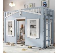 Lettino a soppalco, posto sotto il letto per design flessibile, bella finestra, scala sicura e stabile, pino + MDF + compensato, blu, 90 x 200 cm
