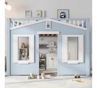 Lettino a soppalco, posto sotto il letto per design flessibile, bella finestra, scala sicura e stabile, pino + MDF + compensato, blu, 90 x 200 cm