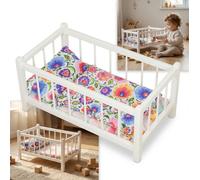 Lettino bianco con materasso e lenzuola cuori/folk - bambole, legno