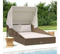 Lettino con Tetto Pieghevole Marrone 200x114x128 cm Polyrattan, Lounge Chair with Adjustable Canopy for Garden Poolside, Weather-Resistant PE Wicker Steel Frame, Includes 4 Cushions 2 Pillows