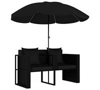 Lettino da giardino con ombrellone in polyrattan nero, resistente alle intemperie, con cuscino e imbottitura, pieghevole e regolabile, per terrazza, balcone, piscina