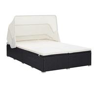 Lettino da giardino per 2 persone con cuscino, in polyrattan, nero, resistente alle intemperie, con imbottitura e tettuccio pieghevole, 194 x 120,5 x 110 cm, comodo lettino doppio per terrazza