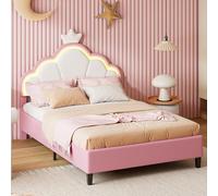 Lettino imbottito 140 x 200 cm per bambini, Letto a Corona per Principessa con LED, letto per adolescenti con testiera regolabile in altezza e rete a listelli, Senza Materasso (Rosa, 140 x 200 cm)