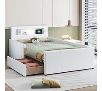 Lettino imbottito 90 x 200 cm, con luce notturna e porta di ricarica USB, con ripiani, pannelli laterali rialzati per la sicurezza, letto singolo, per ragazzi e ragazze, in similpelle, colore: bianco