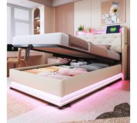 Lettino imbottito 90 x 200 cm, con luci che cambiano colore e presa USB, testiera apribile, con spazio idraulico, con tasca per cellulare, letto singolo multifunzione, tessuto di lino beige