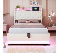 Lettino imbottito 90 x 200 cm, con luci che cambiano colore e presa USB, testiera apribile, con spazio idraulico, con tasca per cellulare, letto singolo multifunzione, tessuto di lino beige