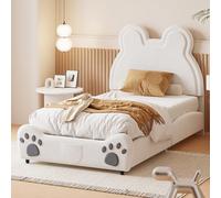 Lettino imbottito 90 x 200 cm, letto singolo con testiera a forma di orso, struttura del letto con rete a doghe e protezione dalla caduta, in velluto, letto per ragazzi o ragazze (senza materasso