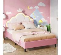 Lettino imbottito 90 x 200 cm per bambini, Letto a Corona per Principessa con LED, letto per adolescenti con testiera regolabile in altezza e rete a listelli, Senza Materasso (Rosa, 90 x 200 cm)