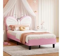 Lettino imbottito 90 x 200 cm per bambini, letto singolo con lampada da lettura, letto per adolescenti con testiera regolabile in altezza e rete a listelli, senza materasso (Rosa+Bianco, 90 x 200 cm)