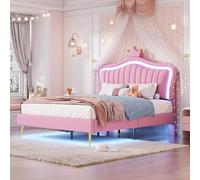 Lettino imbottito per bambini, 140 x 200 cm, struttura per letto da bambina, con corona bianca, struttura matrimoniale in pelle PU, con luci a LED, rete a doghe e schienale, materasso non incluso