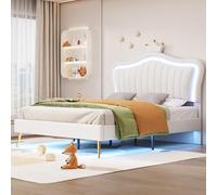 Lettino imbottito per bambini, 140 x 200 cm, struttura per letto da bambina, con corona bianca, struttura matrimoniale in pelle PU, con luci a LED, rete a doghe e schienale, materasso non incluso