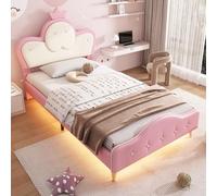 Lettino imbottito per bambini, con bordi protettivi morbidi, strisce LED monocromatiche, testiera con corona, piedini in metallo, forma ondulata con punto di trazione all'estremità del letto, letto