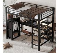 Lettino in metallo, letto per bambini, letto a castello, adatto per bambini e persone in crescita, con tavolo e armadio, con ampio ripiano, con scala a 5 livelli, ferro + truciolato, nero, 90 x 200 cm