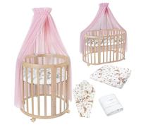 Lettino Mobile Waldin 7in1 Ovale, Materasso, Culla Espandibile, Ventilato, Base Regolabile 5 Posizioni, Set Completto, Legno Naturale, Tessuti Animali Rosa