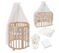 Lettino Mobile Waldin 7in1 Ovale, Materasso, Culla Espandibile, Ventilato, Base Regolabile 5 Posizioni, Set Completto, Legno Naturale, Tessuti Tarassaco Champagne