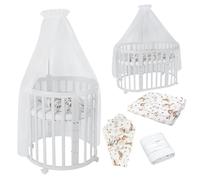 Lettino Mobile Waldin 7in1 Ovale, Materasso, Culla Espandibile, Ventilato, Base Regolabile 5 Posizioni, Set Completto, Legno Bianco, Tessuti Animali Bianco