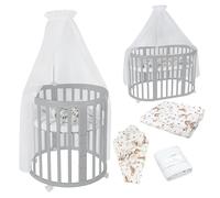 Lettino Mobile Waldin 7in1 Ovale, Materasso, Culla Espandibile, Ventilato, Base Regolabile 5 Posizioni, Set Completto, Legno Grigio, Tessuti Animali Bianco