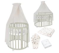 Lettino Mobile Waldin 7in1 Ovale, Materasso, Culla Espandibile, Ventilato, Base Regolabile 5 Posizioni, Set Completto, Legno Oliva, Tessuti Tarassaco Champagne