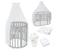 Lettino Mobile Waldin 7in1 Ovale, Materasso, Culla Espandibile, Ventilato, Base Regolabile 5 Posizioni, Set Completto, Legno Grigio, Tessuti Rami Bianco