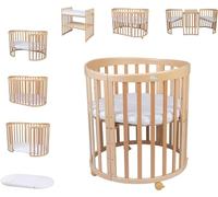 Lettino Mobile Waldin 7in1 Ovale, Materasso, Culla Espandibile, Ventilato, Base Regolabile 5 Posizioni, Set Completto, Legno Naturale