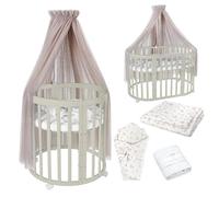 Lettino Mobile Waldin 7in1 Ovale, Materasso, Culla Espandibile, Ventilato, Base Regolabile 5 Posizioni, Set Completto, Legno Oliva, Tessuti Rami Tortora