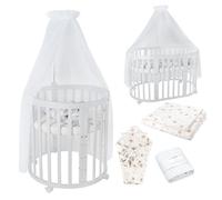Lettino Mobile Waldin 7in1 Ovale, Materasso, Culla Espandibile, Ventilato, Base Regolabile 5 Posizioni, Set Completto, Legno Bianco, Tessuti Tarassaco Bianco