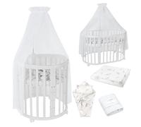 Lettino Mobile Waldin 7in1 Ovale, Materasso, Culla Espandibile, Ventilato, Base Regolabile 5 Posizioni, Set Completto, Legno Bianco, Tessuti Rami Bianco