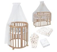 Lettino Mobile Waldin 7in1 Ovale, Materasso, Culla Espandibile, Ventilato, Base Regolabile 5 Posizioni, Set Completto, Legno Naturale, Tessuti Tarassaco Bianco