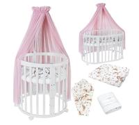 Lettino Mobile Waldin 7in1 Ovale, Materasso, Culla Espandibile, Ventilato, Base Regolabile 5 Posizioni, Set Completto, Legno Bianco, Tessuti Animali Rosa