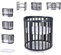 Lettino Mobile Waldin 7in1 Ovale, Materasso, Culla Espandibile, Ventilato, Base Regolabile 5 Posizioni, Set Completto, Legno grafite