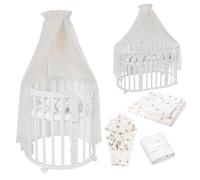 Lettino Mobile Waldin 7in1 Ovale, Materasso, Culla Espandibile, Ventilato, Base Regolabile 5 Posizioni, Set Completto, Legno Bianco, Tessuti Tarassaco Champagne