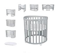 Lettino Mobile Waldin 7in1 Ovale, Materasso, Culla Espandibile, Ventilato, Base Regolabile 5 Posizioni, Set Completto, Legno Grigio