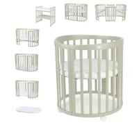 Lettino Mobile Waldin 7in1 Ovale, Materasso, Culla Espandibile, Ventilato, Base Regolabile 5 Posizioni, Set Completto, Legno Oliva