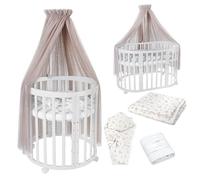 Lettino Mobile Waldin 7in1 Ovale, Materasso, Culla Espandibile, Ventilato, Base Regolabile 5 Posizioni, Set Completto, Legno Bianco, Tessuti Rami Tortora