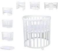 Lettino Mobile Waldin 7in1 Ovale, Materasso, Culla Espandibile, Ventilato, Base Regolabile 5 Posizioni, Set Completto, Legno Bianco