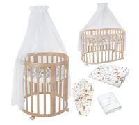 Lettino Mobile Waldin 7in1 Ovale, Materasso, Culla Espandibile, Ventilato, Base Regolabile 5 Posizioni, Set Completto, Legno Naturale, Tessuti Animali Bianco