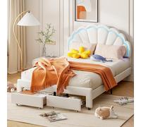 Lettino per bambini 140 x 200 cm con illuminazione a LED, letto imbottito con conchiglia, struttura del letto con rete a doghe, letto principessa, letto per ragazza, letto LED (bianco, 140 x 200 cm)