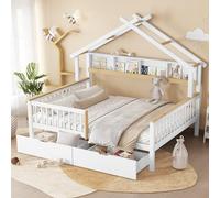 Lettino per bambini, 140 x 200 cm, letto matrimoniale con protezione | Letto per ragazzi con scaffale e due cassetti su ruote, letto piano, letto in legno, per ragazzi e ragazze, in pino