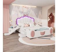 Lettino per bambini, 140 x 200 cm, letto singolo a farfalla, letto imbottito con luce LED che cambia colore, telecomando, dotato di scivolo e scala, materiale PU, bella forma, rosa + bianco