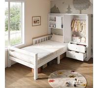 Lettino per bambini, 90 x 200 cm, con armadio, vano portaoggetti e | Cassetti e ripiani aperti integrati, doghe in legno stabili, fino a 150 kg, ideale per le piccole camerette dei bambini.
