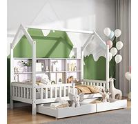 Lettino per bambini 90 x 200 cm, con due grandi cassetti e multiuso, libreria/cabinet/scaffalatura, letto a forma di casa in legno massello con spazio e rete a doghe, letto multifunzione, colore