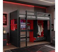 Lettino per bambini, 90 x 200 cm, illuminazione a LED e porte USB, letto a soppalco con scrivania e guardaroba, letto singolo con cassetti e ripiani aperti, stile gaming, senza materasso, nero/rosso