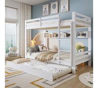 Lettino per bambini 90 x 200 cm, letto allungabile con ruote, letto a castello con una serie di ripiani lunghi 2 metri, doghe e scala, in pino + MDF, bianco