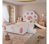 Lettino per bambini 90 x 200 cm, letto singolo, testiera a forma di un cartone animato - zampa di gatto, con uno scivolo per bambini e una scala a due livelli, superficie in poliuretano, bianco + rosa