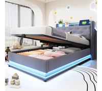 Lettino per bambini, 90 x 200 cm, multifunzione, con luci che cambiano colore e presa USB, testiera apribile, con spazio idraulico, con custodia per cellulare, tessuto di lino grigio